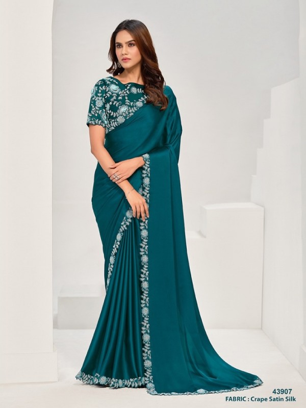 Crepe Silk Party wear Saree In Teal Blue Color with Sequence Work 