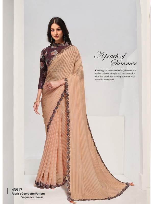 Georgette Silk Party wear Saree In Cream Color with Embroidery work  