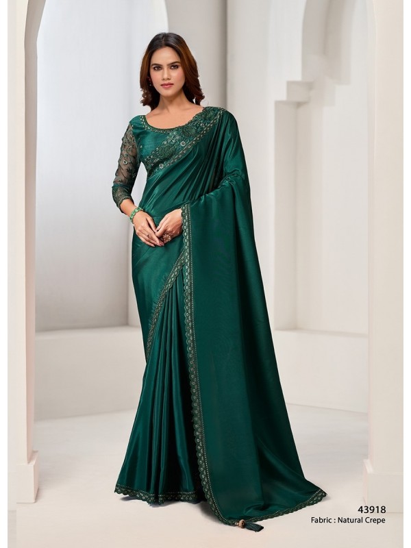 Crepe Georgette Silk Party wear Saree In Green Color with Embroidery work  