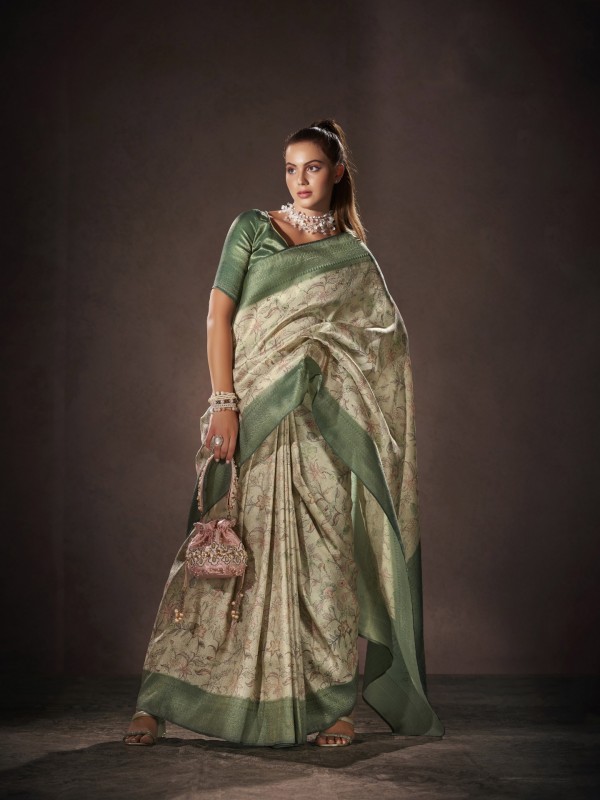 Pure Silk Party wear Saree In Lime Green Color with Swaroskvi Work 