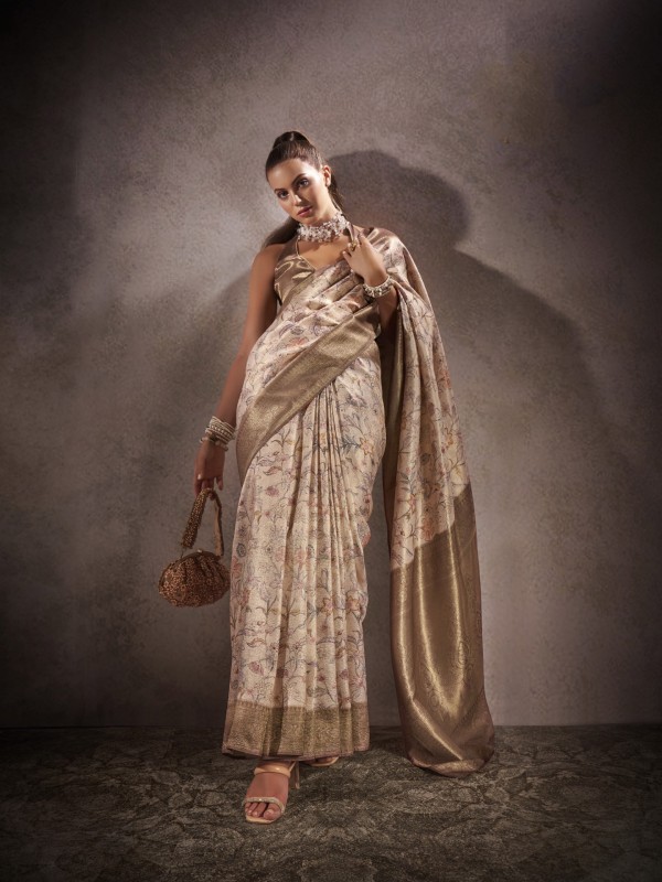 Pure Silk Party wear Saree In Beige Color with Swaroskvi Work 
