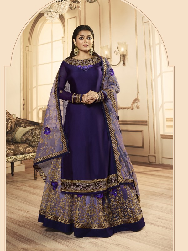  Georgette With Soft Premium Net  Readymade  Lehenga In Purple Color With Embroidery