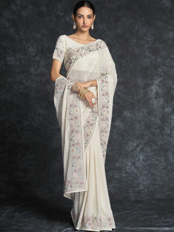 Soft Georgette  Saree In White Color With Embroidery Work
