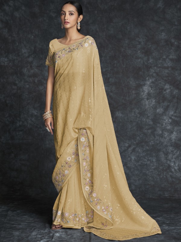 Soft Georgette  Saree In Beige Color With Embroidery Work