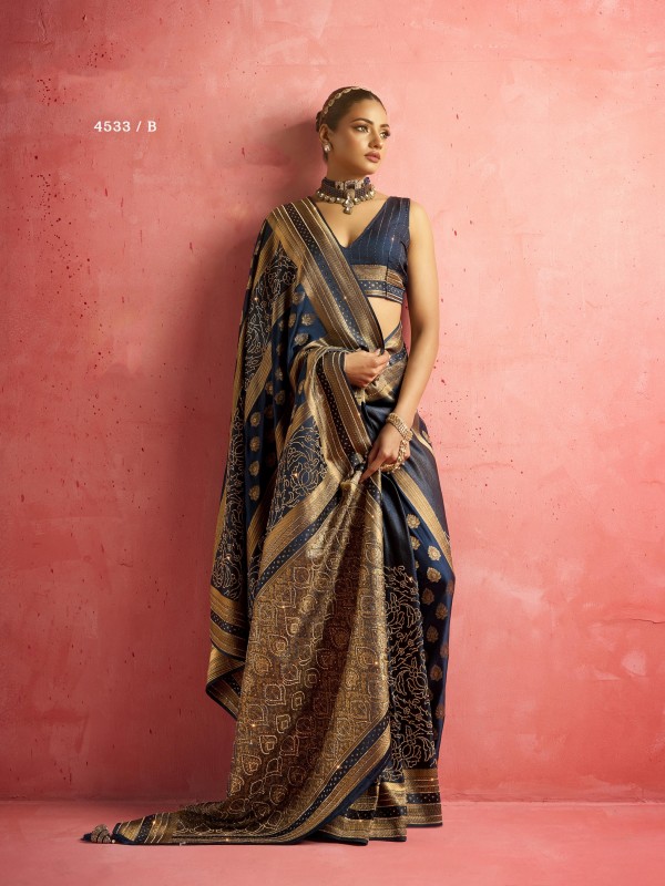Kadwa Kasab Silk Party wear Saree In Blue Color with Swaroskvi Work 