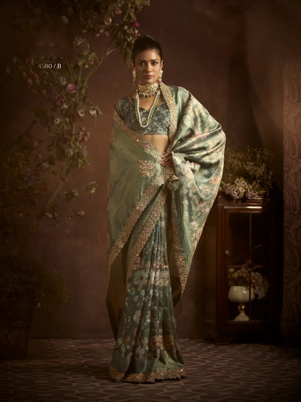 Pure Silk Party wear Saree In Lime Green Color with Embroidery Work 
