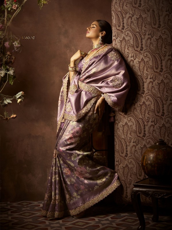 Pure Silk Party wear Saree In Light Purple Color with Embroidery Work 