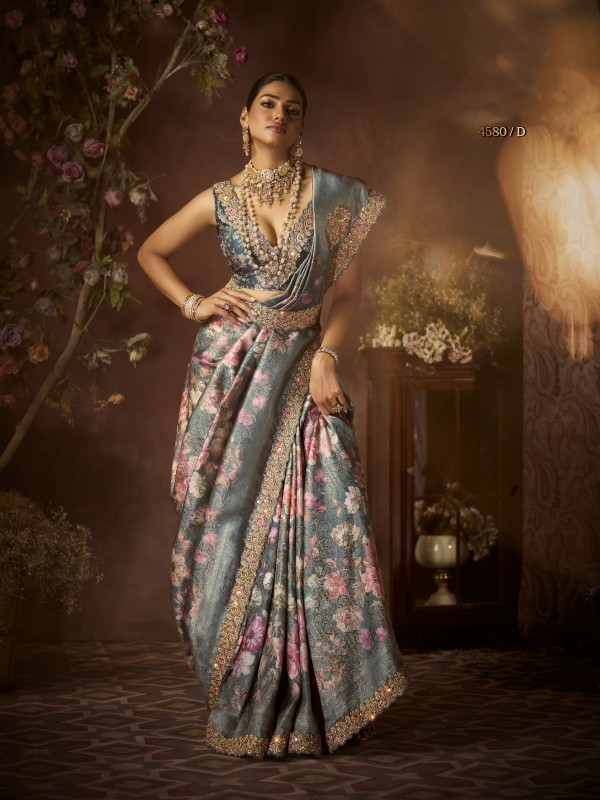 Pure Silk Party wear Saree In Grey Color with Embroidery Work 