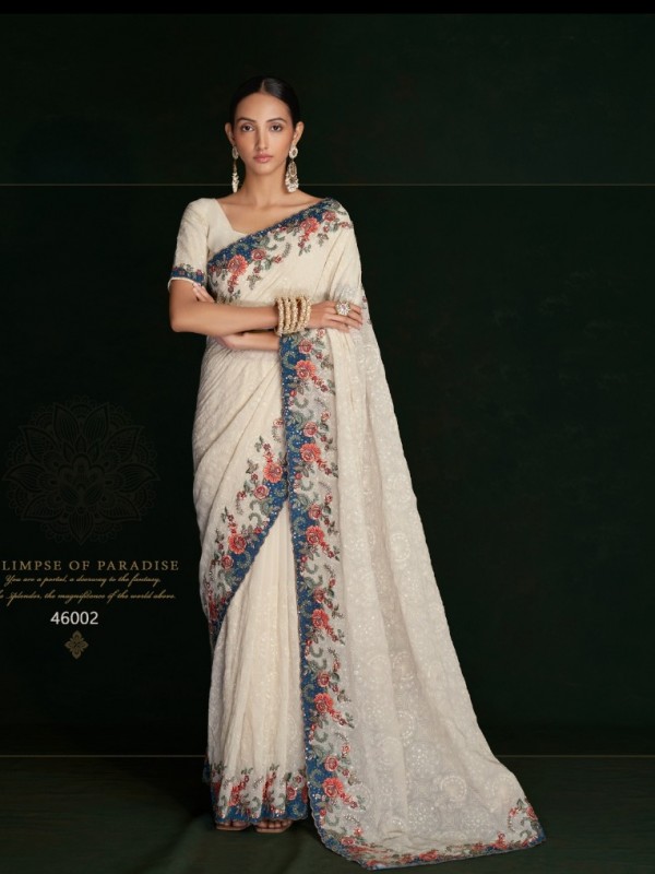 Soft Geogratte  Saree In White Color With Embroidery Work