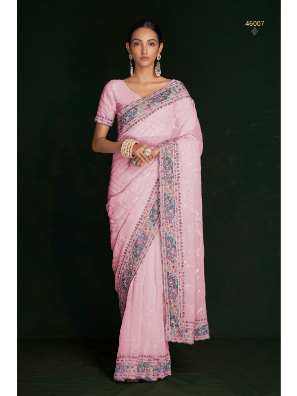 Soft Geogratte  Saree In Pink Color With Embroidery Work
