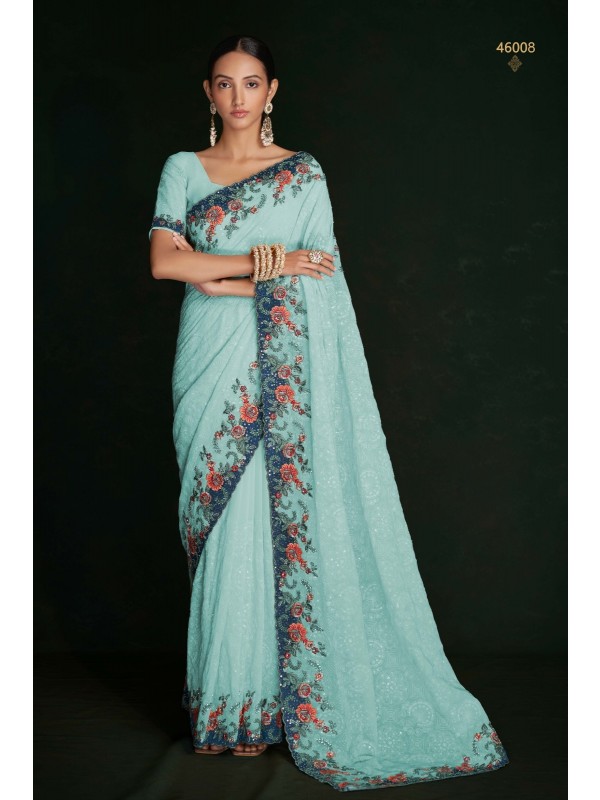 Soft Geogratte  Saree In Sea Blue Color With Embroidery Work