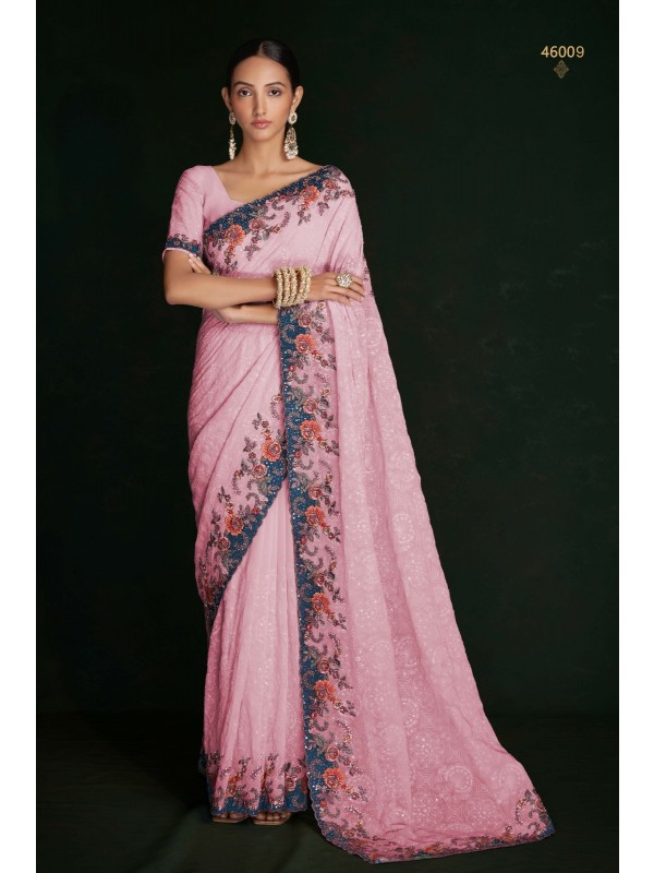 Soft Geogratte  Saree In Pink Color With Embroidery Work