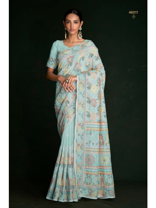 Soft Geogratte  Saree In Blue Color With Embroidery Work
