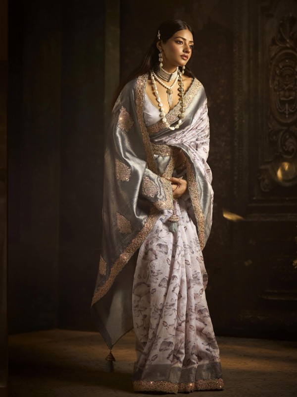 Pure Silk Party wear Saree In Grey Color with Embroidery Work 