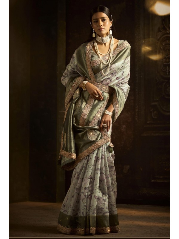 Pure Silk Party wear Saree In Lime Green Color with Embroidery Work 