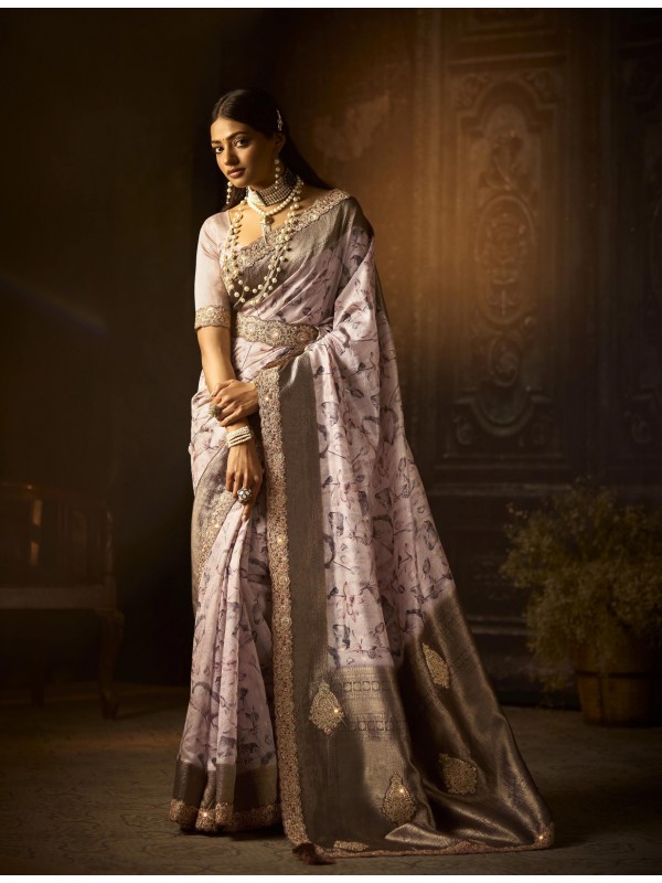 Pure Silk Party wear Saree In Cream Color with Embroidery Work 