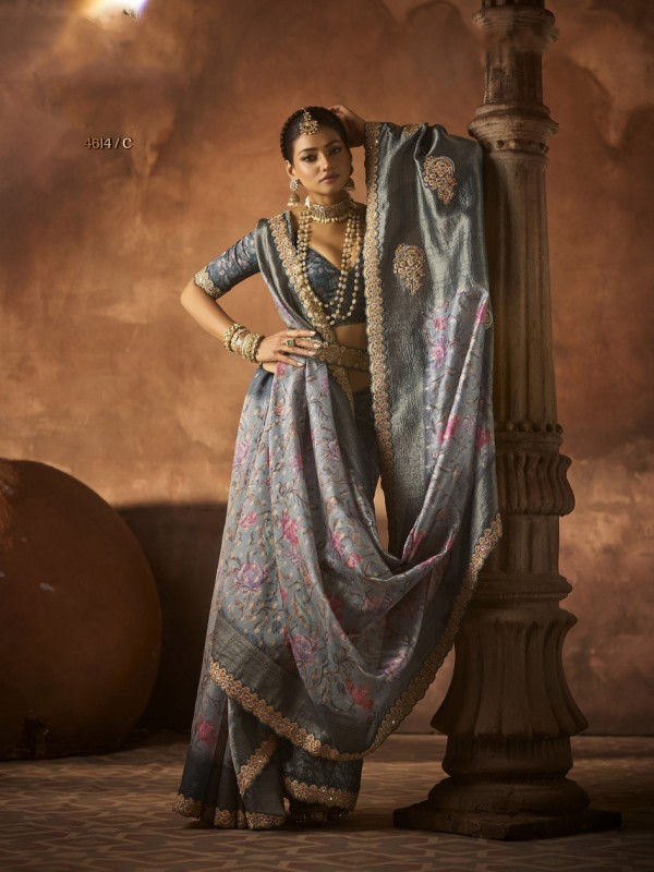 Pure Silk Party wear Saree In Grey Color with Embroidery Work 