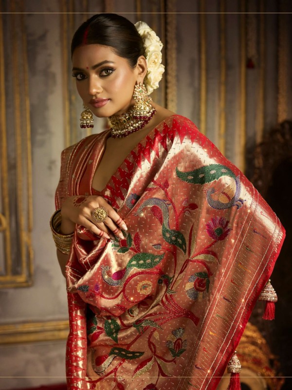 Kadwa Kasab Silk Party wear Saree In Red Color with Swaroskvi Work 