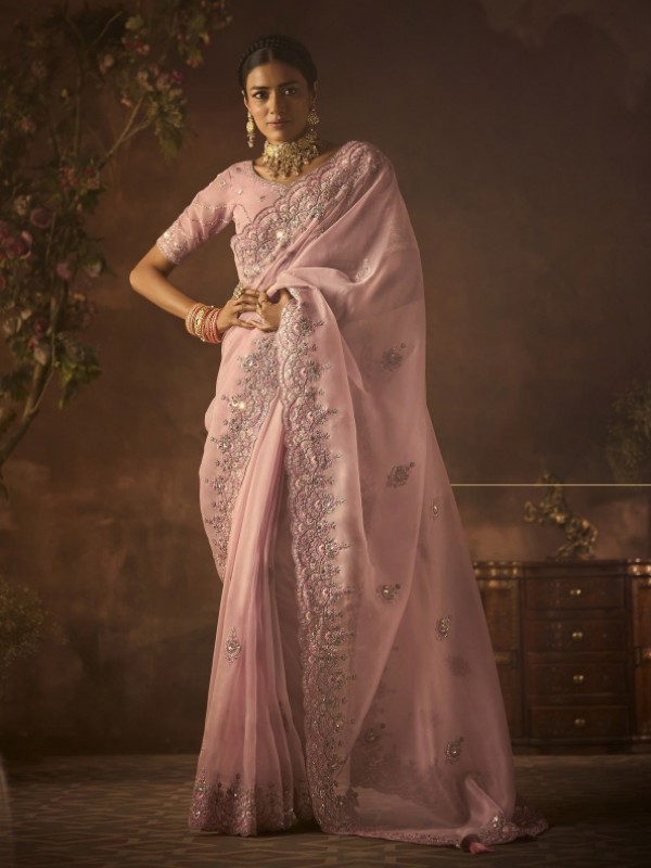Fancy Silk Fabric Party wear Saree In Peach Color with Embroidery Work 