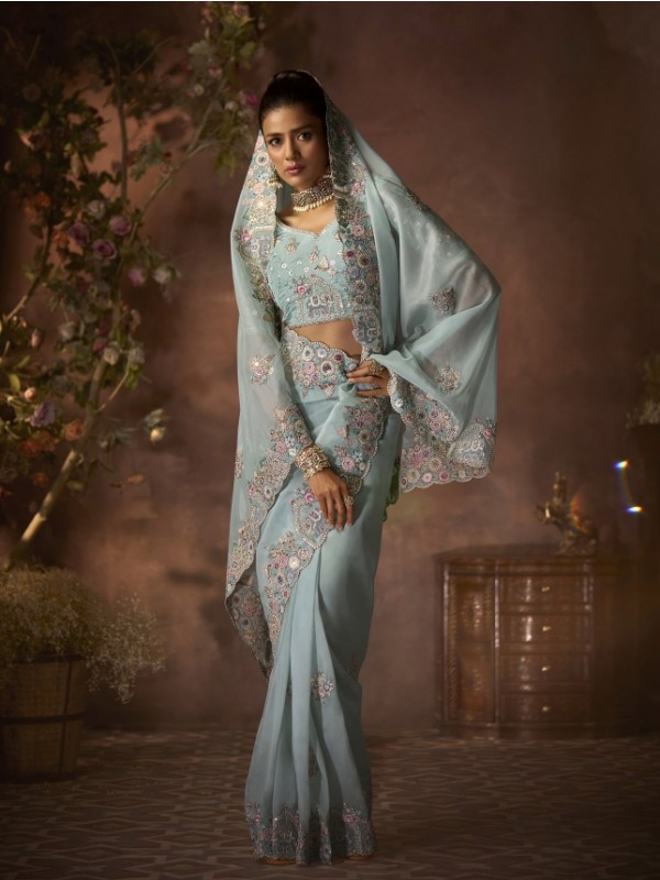 Fancy Silk Fabric Party wear Saree In Sea Blue Color with Embroidery Work 