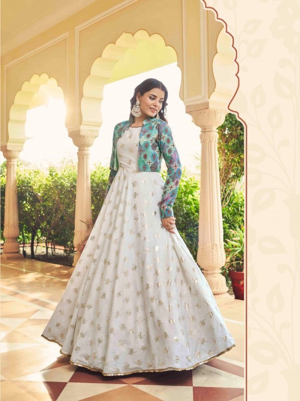 Cotton Fabrics Party Wear  Gown In White  Color With Embroidery Work