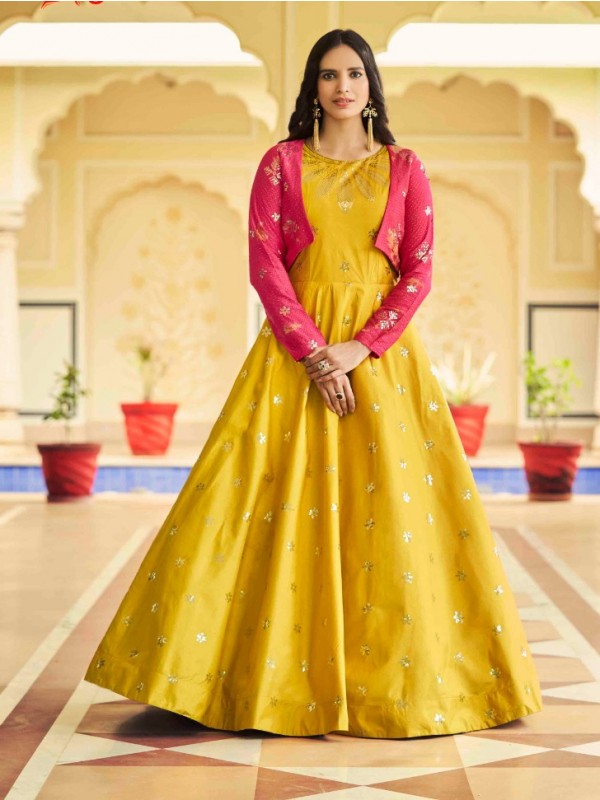 Cotton Fabrics Party Wear  Gown In Yellow Color With Embroidery Work