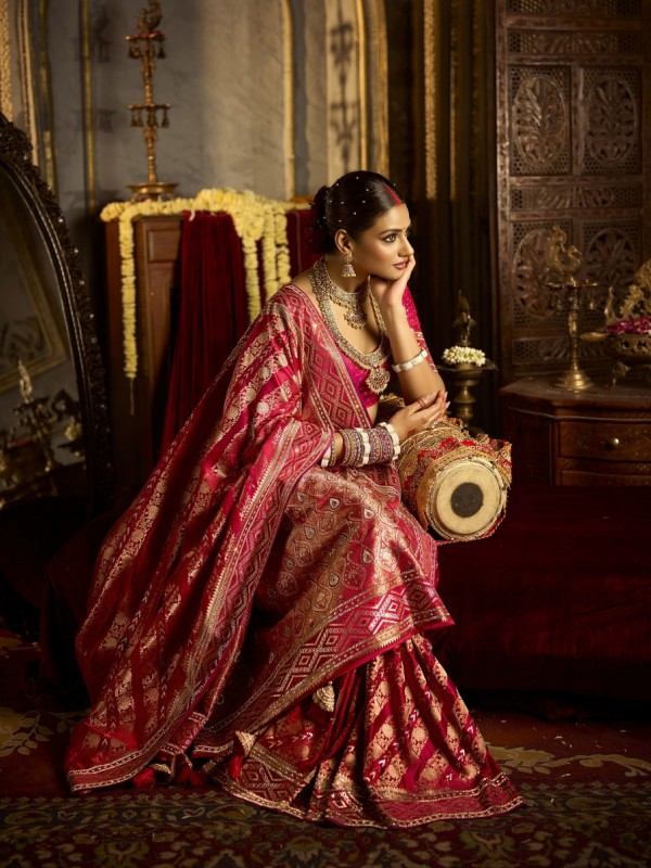 Kadwa Kasab Silk Party wear Saree In Red Color with Swaroskvi Work 