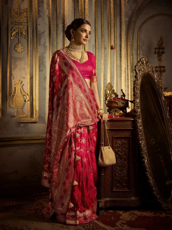 Kadwa Kasab Silk Party wear Saree In Red Color with Swaroskvi Work 