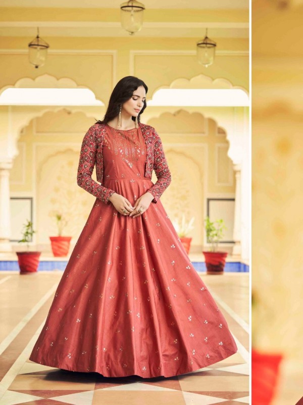 Cotton Fabrics Party Wear  Gown In Orange Color With Embroidery Work