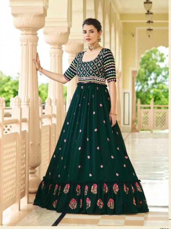  Georgette Party Wear Gown Teal Green Color with  Embroidery Work