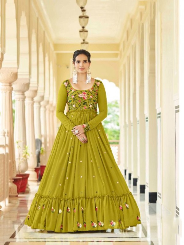  Georgette Party Wear  Gown Lemon  Green Color with  Embroidery Work