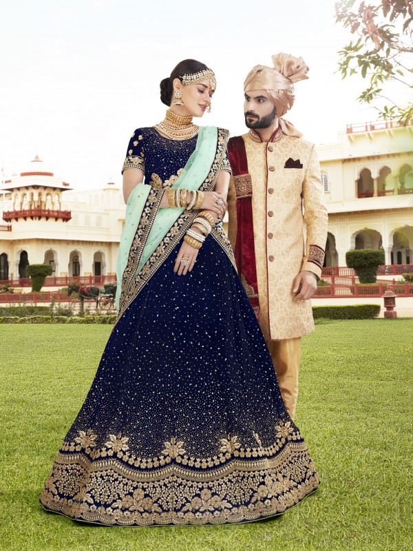 Pure Micro Velvet Wedding Lehenga In Blue With Embroidery & Crystal Stone Work