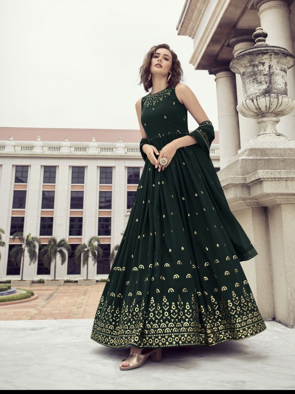  Georgette Fabrics Party Wear Gown Green Color With Embroidery Work