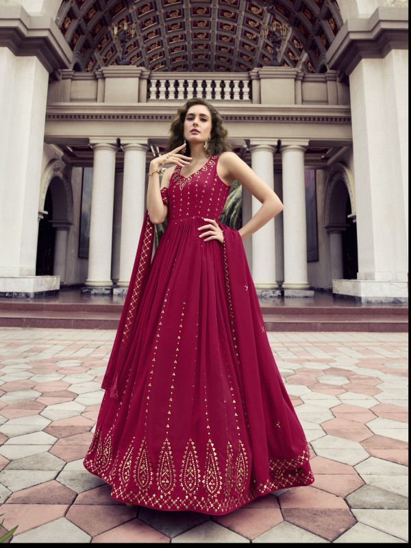  Georgette Fabrics Party Wear Gown Pink Color With Embroidery Work