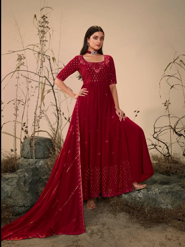 Pure Georgette  Party Wear Plazo  in Maroon Color with  Embroidery Work