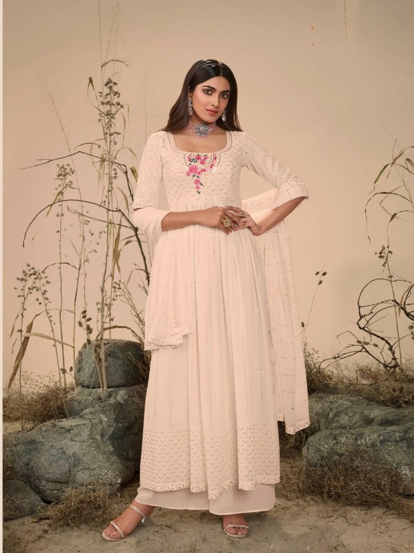 Pure Georgette  Party Wear Plazo  in Off White Color with  Embroidery Work
