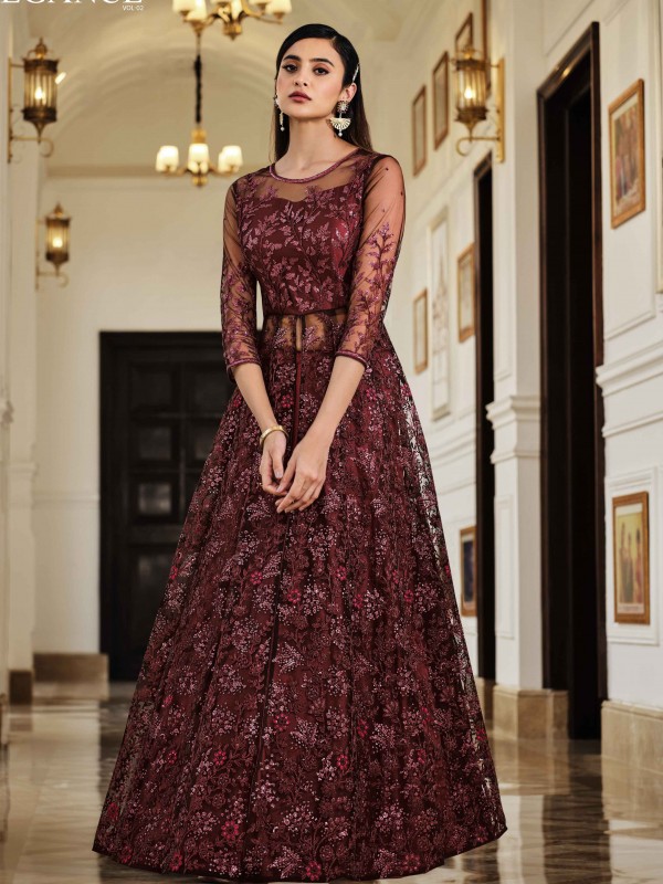 Soft Premium Net Wedding wear Gown in Maroon Color with Embroidery
