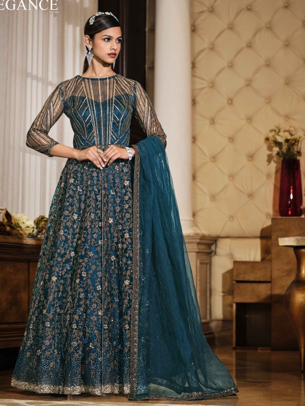 Soft Premium Net Wedding wear Gown in Teal Blue Color with Embroidery