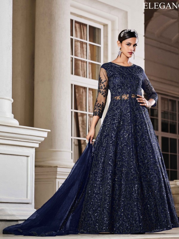 Soft Premium Net Wedding wear Gown in Blue Color with Embroidery