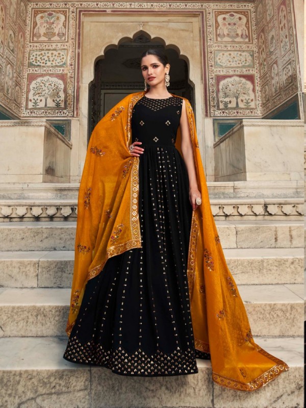  Georgette Fabrics Party Wear Gown Black Color With Embroidery Work