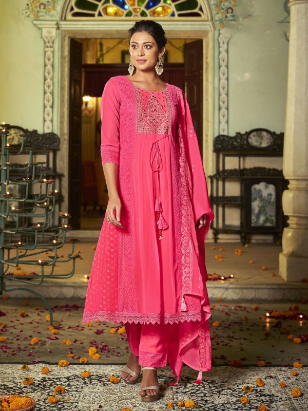 Georgette Fabric Party Wear Suit In Pink Color With Embroidery Work 
