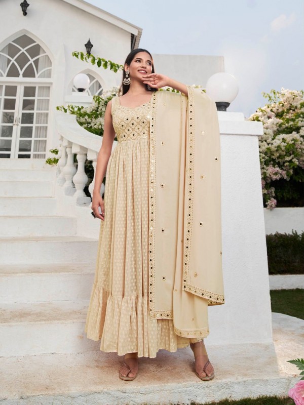 Georgette Party  Wear Suit in  Beige Color with Embroidery Work