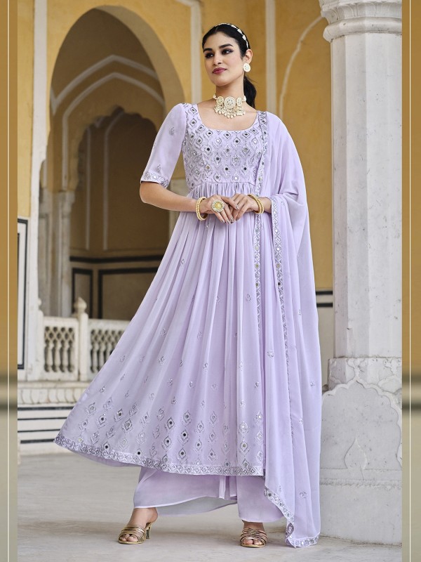 Pure Georgette  Party Wear Plazo  in Lavender Color with  Embroidery Work