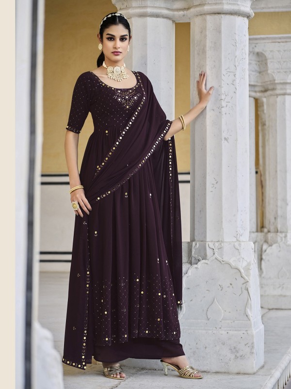 Pure Georgette  Party Wear Plazo  in Wine Color with  Embroidery Work