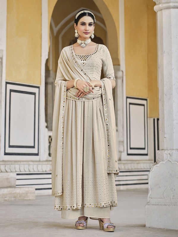 Pure Georgette  Party Wear Plazo  in Beige Color with  Embroidery Work