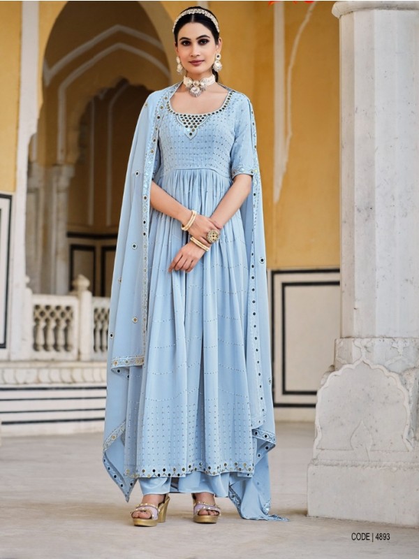 Georgette Party  Wear Suit in Blue Color with Embroidery Work