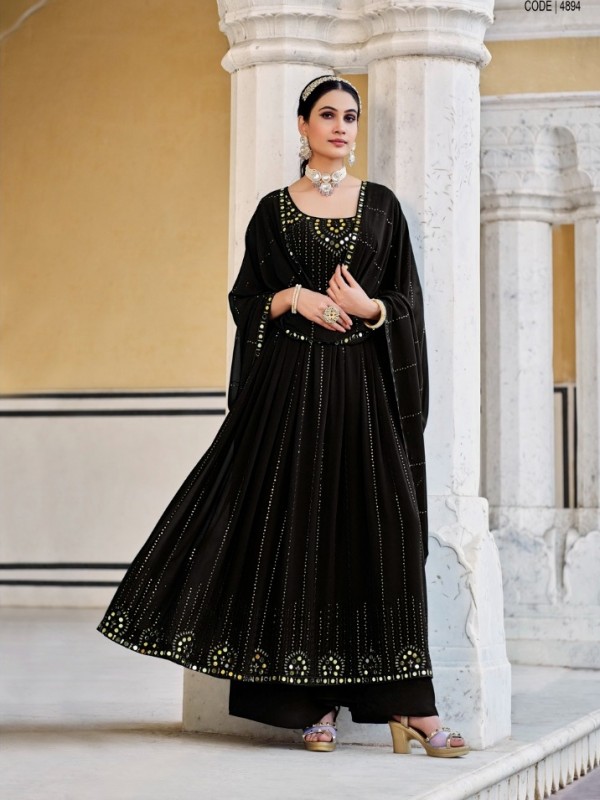 Georgette Party  Wear Suit in Black Color with Embroidery Work