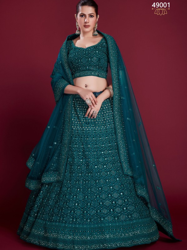 Geogratte Fabrics Party Wear Lehenga in Teal  Blue  Color With Embroidery Work