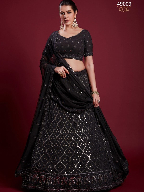 Geogratte Fabrics Party Wear Lehenga in Black Color With Embroidery Work