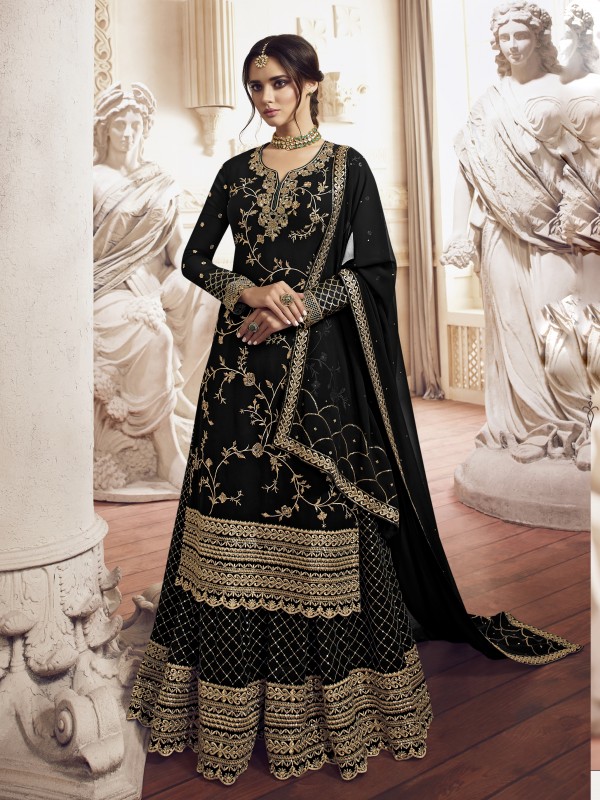 Georgette   Readymade Sharara In Black  With Embroidery 